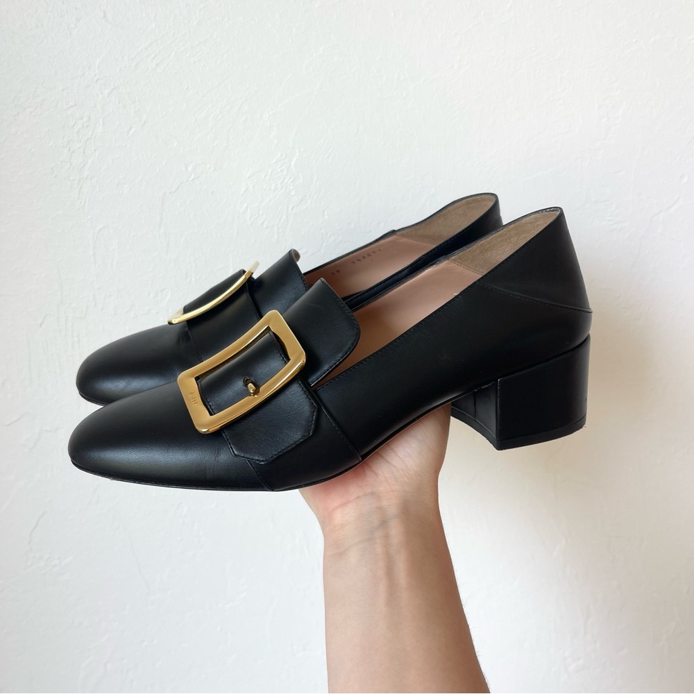 Bally Janelle Black Leather Block Heels Gold Buckle Loafers Pumps Shoes Size 38